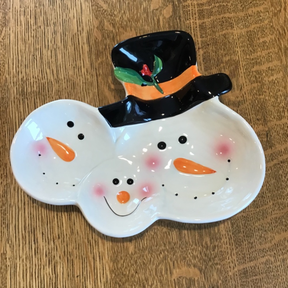 Vintage Winter Snowman Plate Holiday Candy Dish Snack Bowl Decor